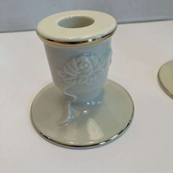 Vintage Lenox Ivory Gold Trim Porcelain Candleholders Tapers Pair Roses - Picture 10 of 12